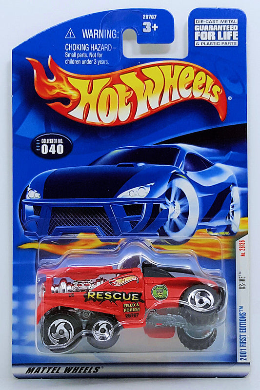 Hot Wheels 2001 - Collector # 040/240 - First Editions 28/36 - XS-IVE (Off-Road Fire Truck) - Red - USA Card with Choking Hazard Warning