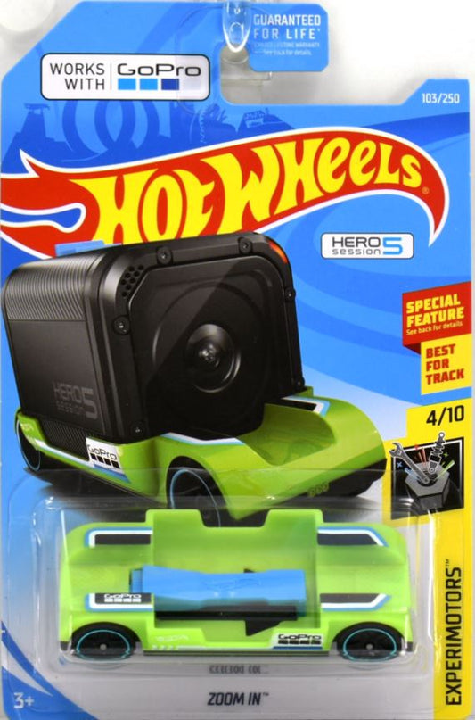 Hot Wheels 2019 - Collector # 108/250 - Experimotors 4/10 - Zoom In - Grass Green - USA Card - works with a Go Pro Camera