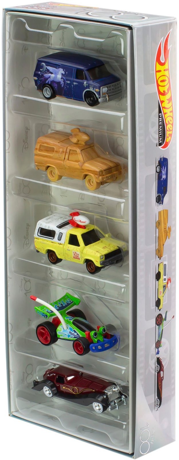 Hot Wheels 2023 - Premium / Disney 100 - 5 Pack Set - Guinevere Van (Onward), Wood Pizza Planet Truck, Original Pizza Planet Truck, RC (Toy Story), & Cruella De Vil (101 Dalmatians)
