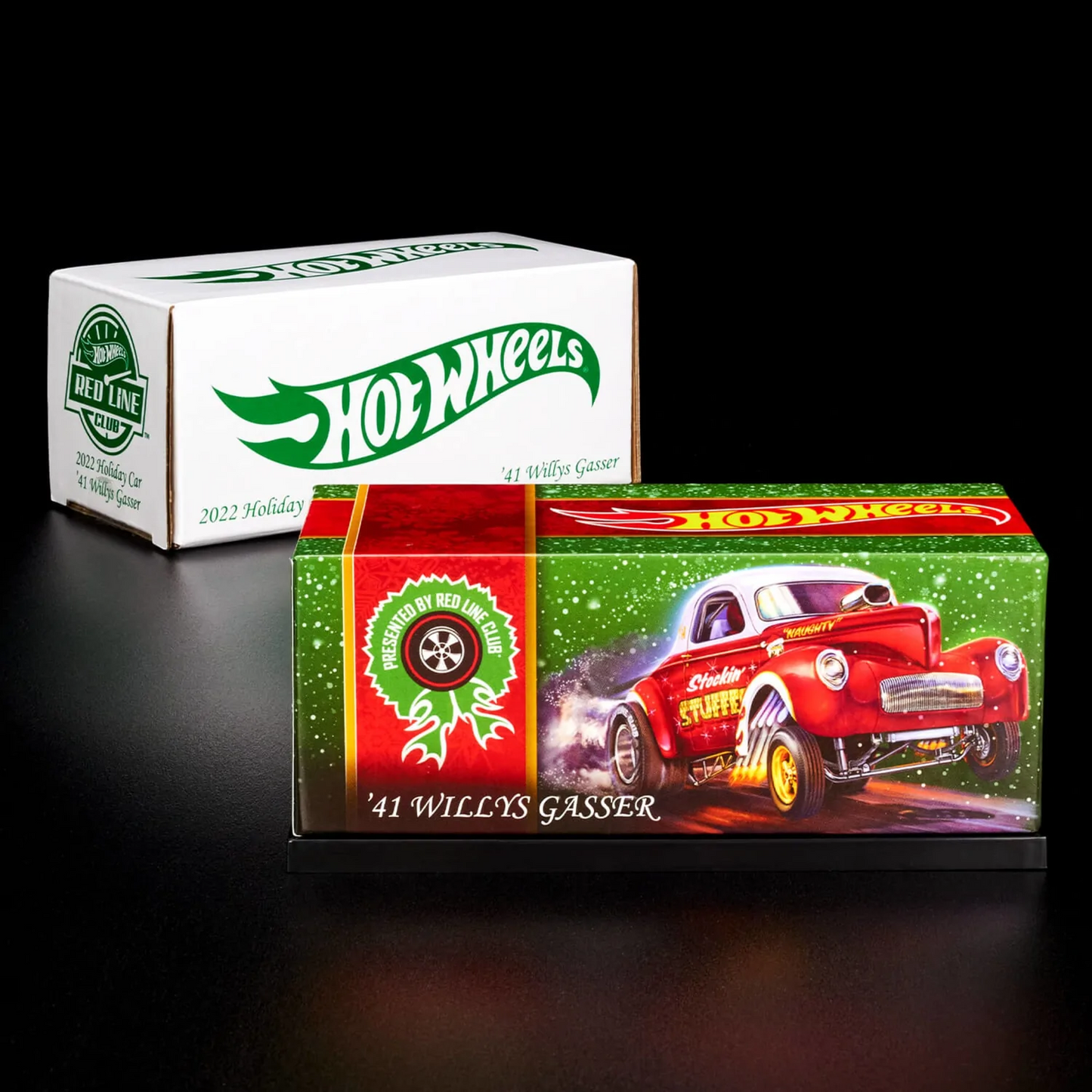 Hot Wheels 2022 - RLC Exclusive / Holiday Car / Stocking Stuffer - '41 Willys Gasser - Spectraflame Red - Metal/Metal & Real Riders - Acrylic Display Case - Limited to 30,000