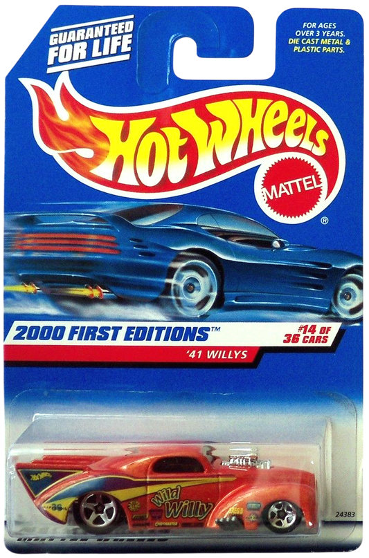 Hot Wheels 2000 - Collector # 074/250 - First Editions 14/36 - '41 Willys (Pro Mod Drag Car) - Pearl Metalflake Orange / 'Wild Willy' / various Racing Decals - 5 Spokes - USA 'Angled' Card