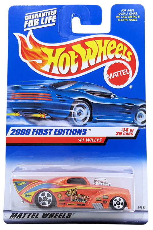 Hot Wheels 2000 - Collector # 074/250 - First Editions 14/36 - '41 Willys (Pro Mod Drag Car) - Pearl Metalflake Orange / 'Wild Willy' / various Racing Decals - 5 Spokes - USA 'Square' Card