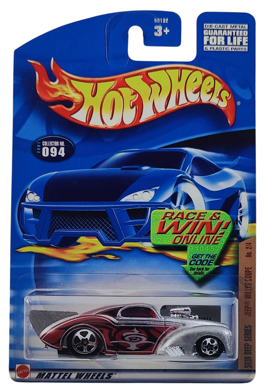 Hot Wheels 2001 - Collector # 094/240 - Skin Deep Series 2/4 - Jeep Willys Coupe ('41 Willys, Pro Mod Drag Car) - Silver Metalflake - 5 Spokes - USA 'Race & Win' Card