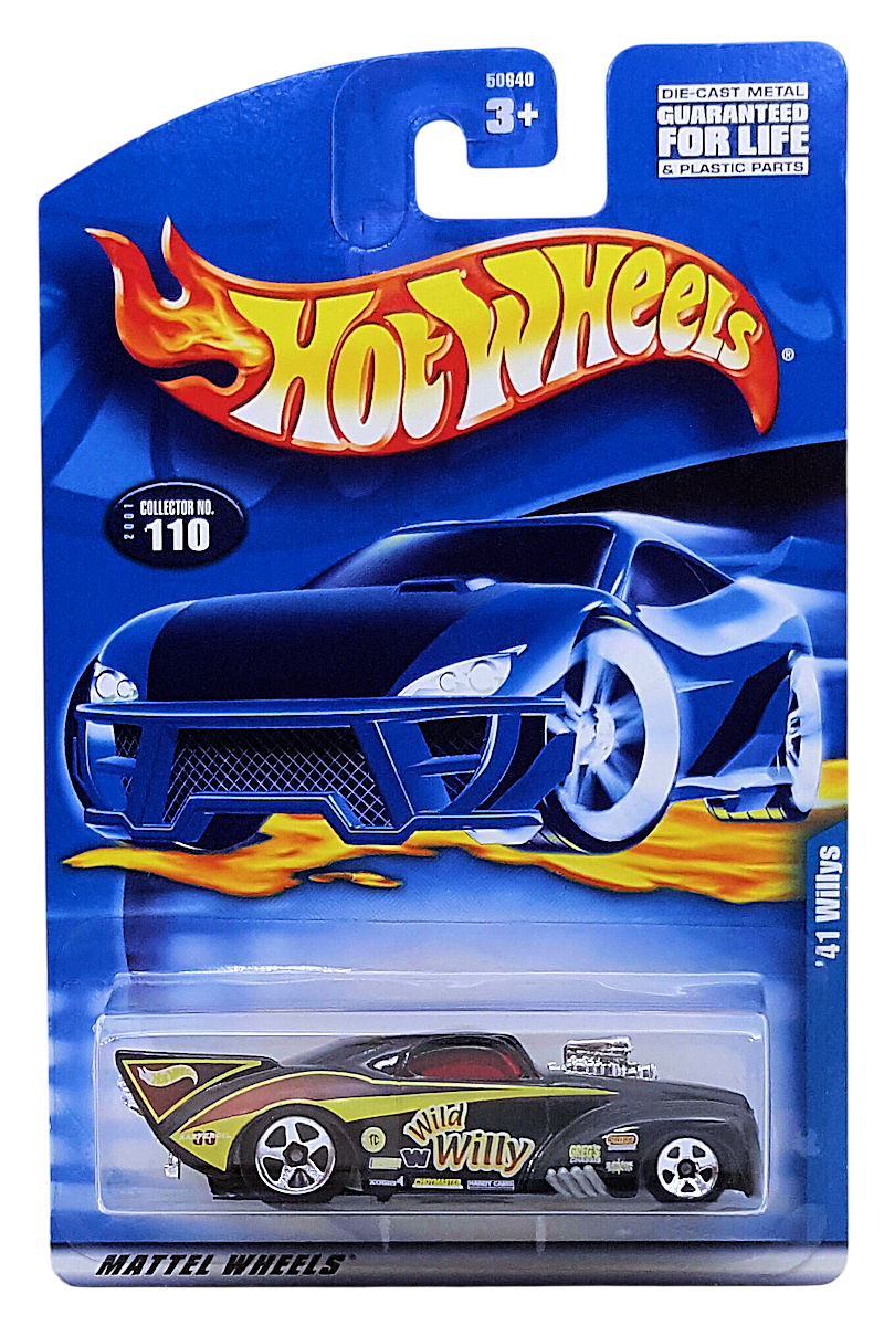 Hot Wheels 2001 - Collector # 110/240 - '41 Willys (Pro Mod Drag Car) - Black / 'Wild Willy' / various Racing Decals - 5 Spokes - USA Card