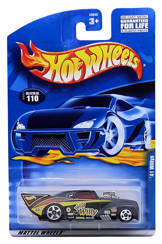 Hot Wheels 2001 - Collector # 110/240 - '41 Willys (Pro Mod Drag Car) - Black / 'Wild Willy' / various Racing Decals - 5 Spokes - USA Card