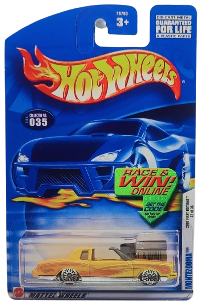 Hot Wheels 2001 - Collector # 035/240 - First Editions 23/36 - Montezooma (Monte Carlo) - Pearl Dark Yellow - LW Wheels - USA 'Race & Win' Card