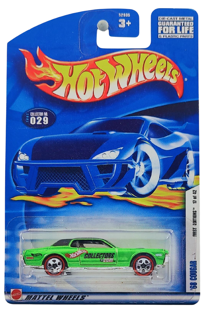 Hot Wheels 2002 - Collector # 029/240 - First Editions 17/42 - 'Apology Version' - '68 Cougar - Metalflake Green / Matte Black Roof / HotWheelsCollectors.com - 5 Spokes on Redlines - USA Card - Limited to 5,040