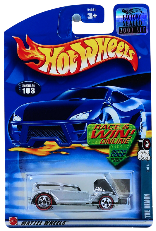 Hot Wheels 2002 - Collector # 103/240 - Redlines Series 1/4 - The Demon (Prowler) - Silver / 'Redlines' on Roof / Black Roof & Hood with Pinstripes - White Interior - 5 Spoke on Redline Tires - Malaysia - USA Race & Win Card with Factory Set Sticker