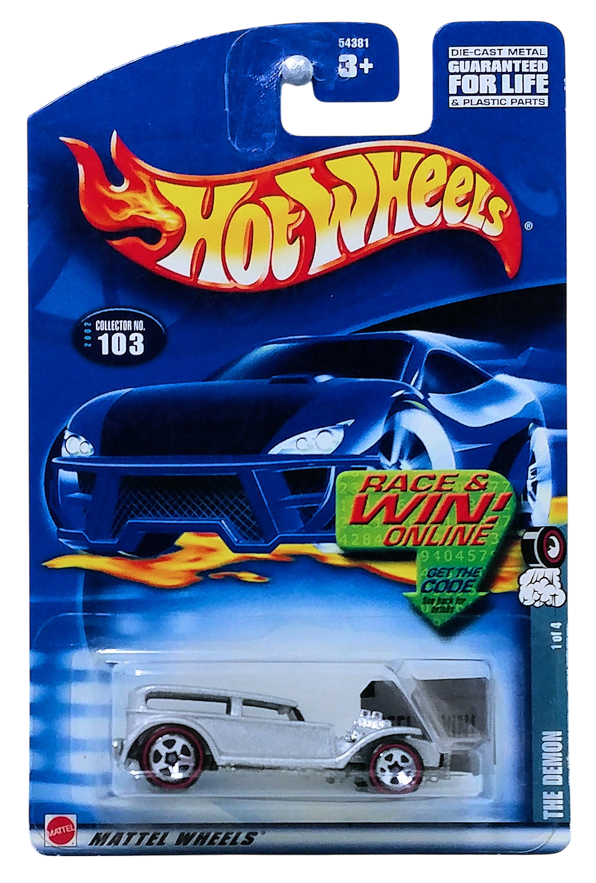 Hot Wheels 2002 - Collector # 103/240 - Redlines Series 1/4 - The Demon (Prowler) - Silver / 'Redlines' on Roof / Black Roof & Hood with Pinstripes - White Interior - Smoke Tint Windshield Only - 5 Spoke on Redline Tires - Malaysia - USA Race & Win Card