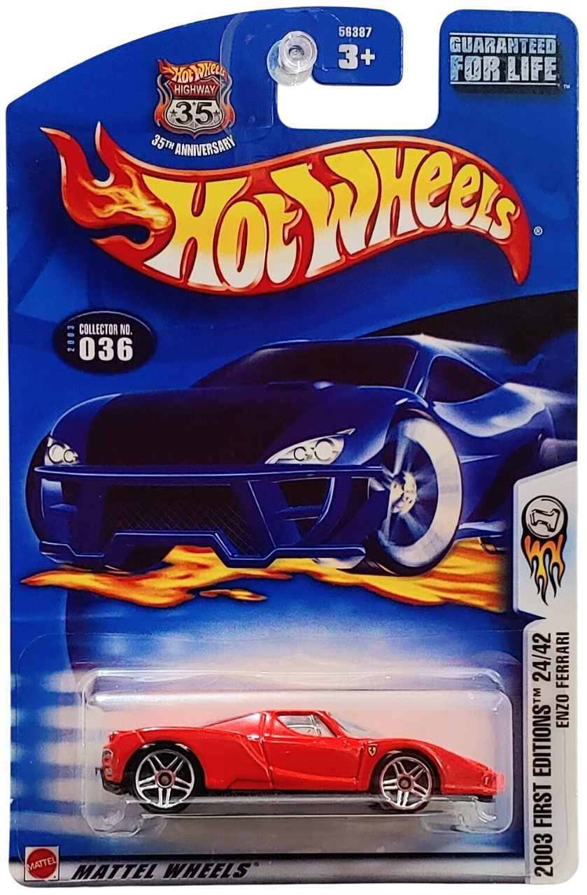 Hot Wheels 2003 - Collector # 036/220 - First Editions 24/42 - Enzo Ferrari - Red - PR5 Wheels - USA '35th Anniversary' Card
