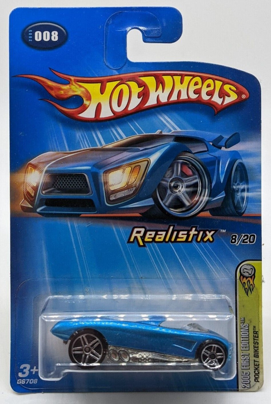 Hot Wheels 2005 - Collector # 008/183 - First Editions / Realistix 8/20 - Pocket Bikester - Metallic Blue - PR5 Wheels - USA '05 Card