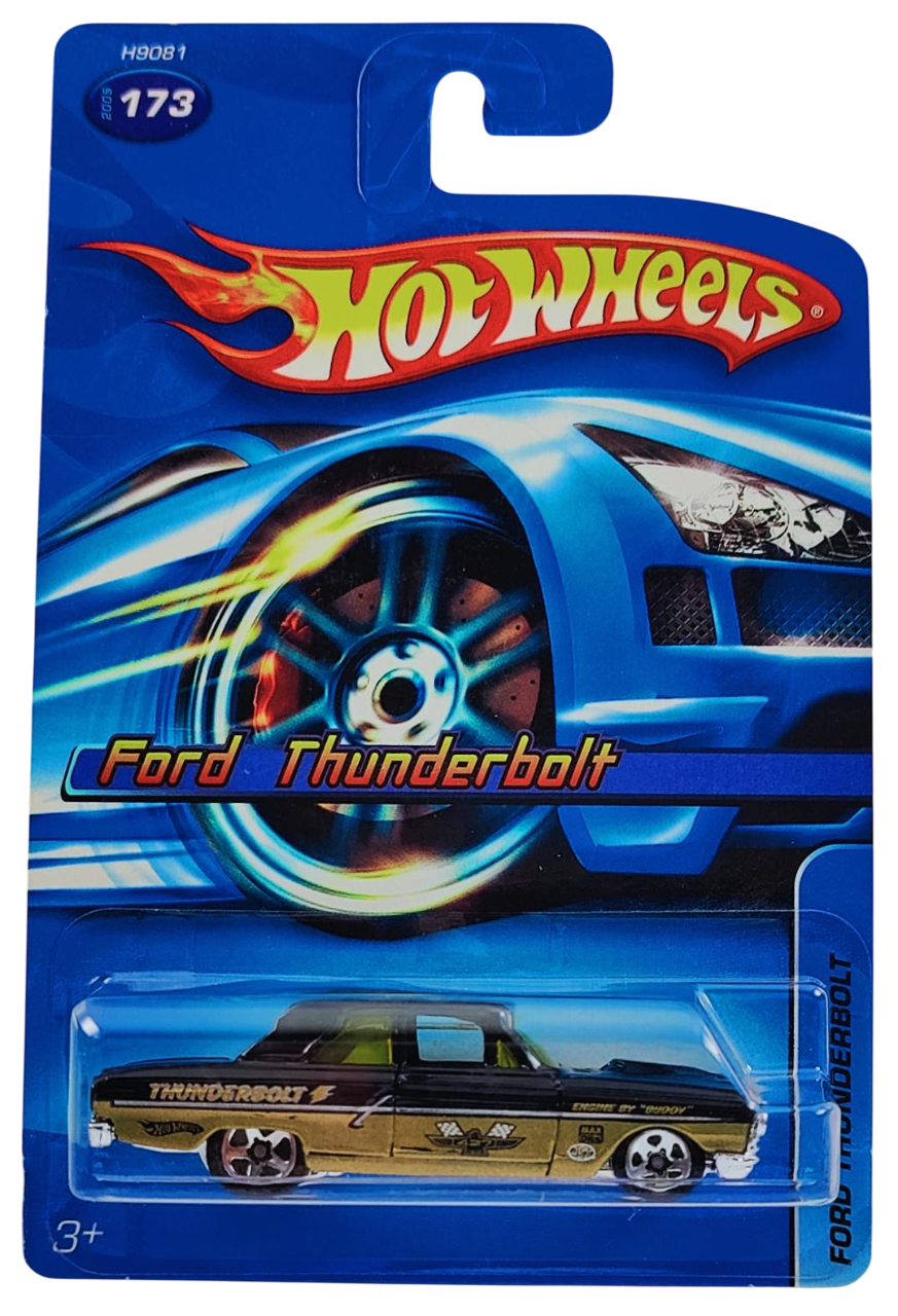 Hot Wheels 2005 - Collector # 173/183 - Ford Thunderbolt - Black over Gold / "Thunderbolt" with various Racing Decals - 5 Spoke Wheels - USA '06 Card
