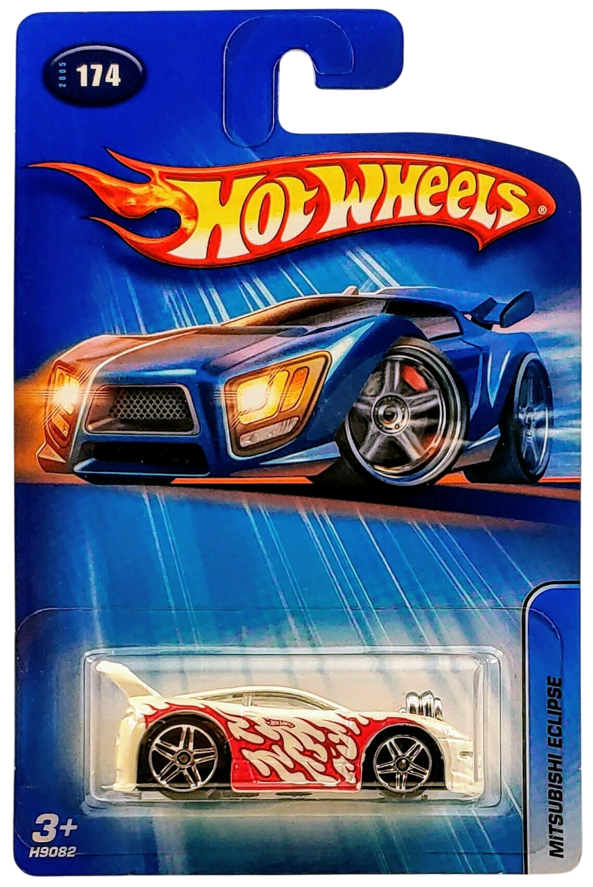 Hot Wheels 2005 - Collector # 174/183 - Mitsubishi Eclipse (Tooned) - White / Flames - PR5 Wheels - USA '05 Card