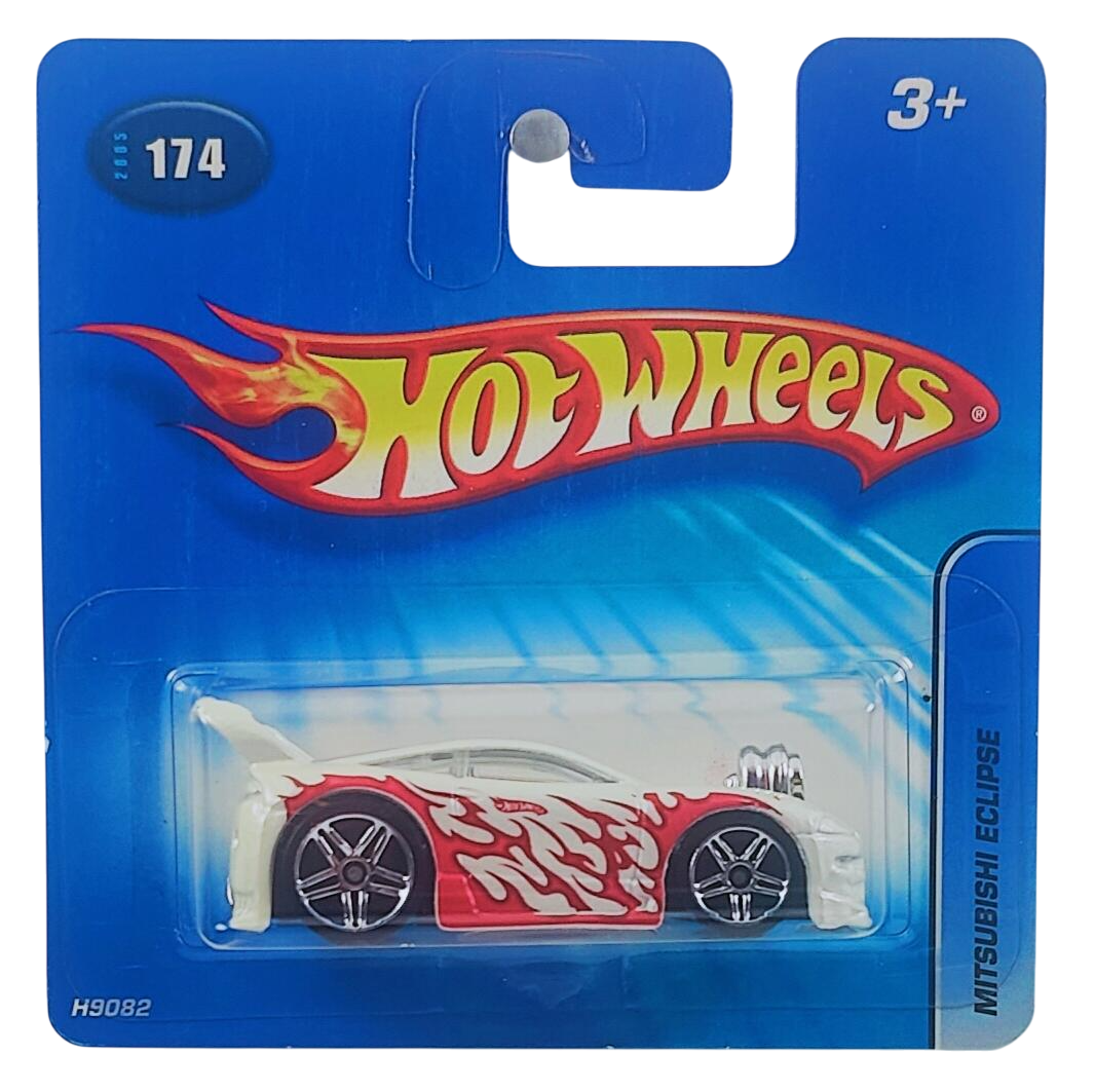 Hot Wheels 2005 - Collector # 174/183 - Mitsubishi Eclipse (Tooned) - White / Flames - PR5 Wheels - International Short '05 Card