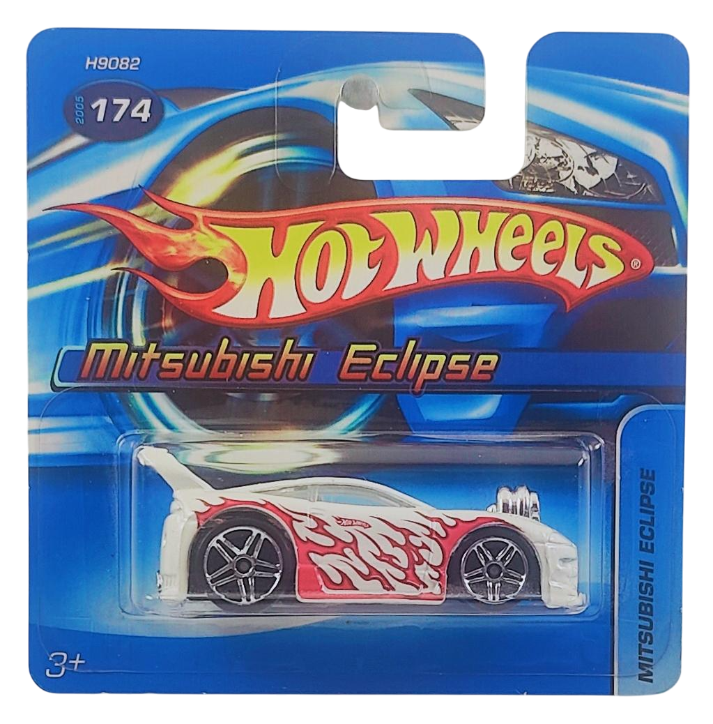 Hot Wheels 2005 - Collector # 174/183 - Mitsubishi Eclipse (Tooned) - White / Flames - PR5 Wheels - International Short '06 Card