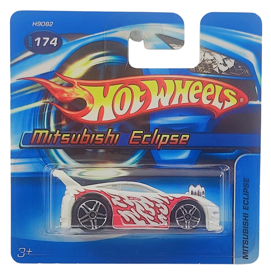 Hot Wheels 2005 - Collector # 174/183 - Mitsubishi Eclipse (Tooned) - White / Flames - PR5 Wheels - International Short '06 Card