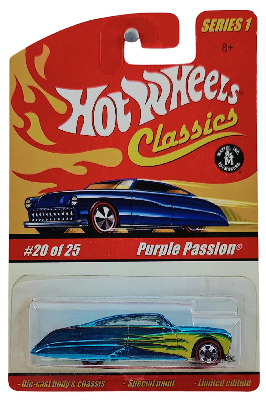 Hot Wheels 2005 - Premium / Classics Series 1 # 20/25 - Purple Passion - Spectraflame Ice Blue / Yellow Scallops - Red Line 5 Spoke - Special Paint - Limited Edition