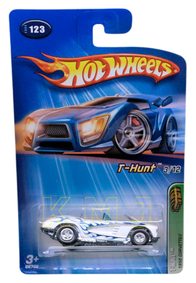 Hot Wheels 2005 - Collector # 123/183 - Treasure Hunts 03/12 - 1958 Corvette - White with Flames - Real Riders - USA Card
