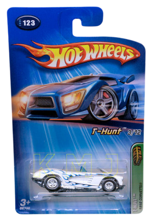 Hot Wheels 2005 - Collector # 123/183 - Treasure Hunts 03/12 - 1958 Corvette - White with Flames - Real Riders - USA Card