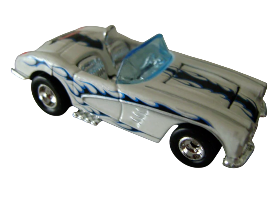 Hot Wheels 2005 - Collector # 123/183 - Treasure Hunts 03/12 - 1958 Corvette - White with Flames - Real Riders - USA Card
