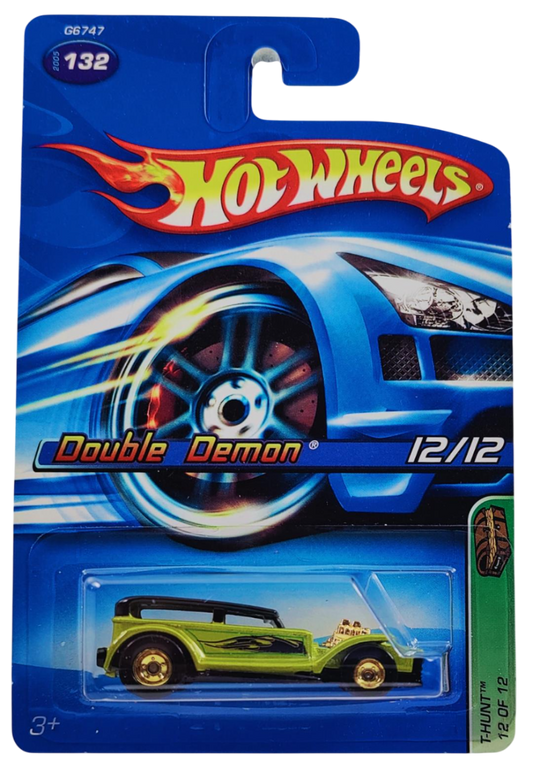 Hot Wheels 2005 - Collector # 132/183 - Treasure Hunt Series 12/12 - Double Demon - Anti-Freeze with Black Roof - Gold Real Riders - USA '06 Card