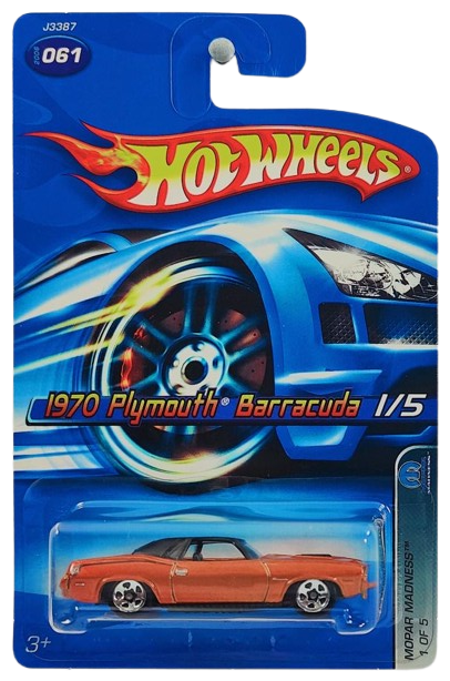 Hot Wheels 2006 - Collector # 061/223 - MOPAR Madness 1/5 - 1970 Plymouth Barracuda - Metalflake Orange / Black Roof - 5 Spoke Wheels - USA Card