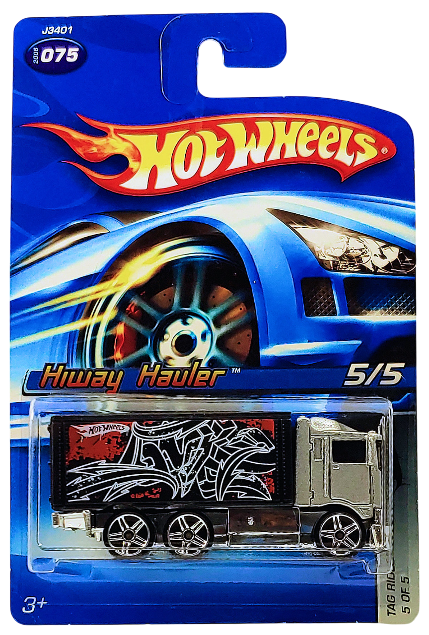 Hot Wheels 2006 - Collector # 075/223 - Tag Rides 5/5 - Hiway Hauler - Silver Metalflake Cab / Black Cargo Box with Graphics - PR5 Wheels - USA Card