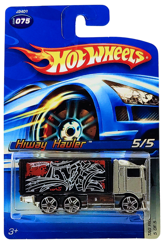 Hot Wheels 2006 - Collector # 075/223 - Tag Rides 5/5 - Hiway Hauler - Silver Metalflake Cab / Black Cargo Box with Graphics - PR5 Wheels - USA Card