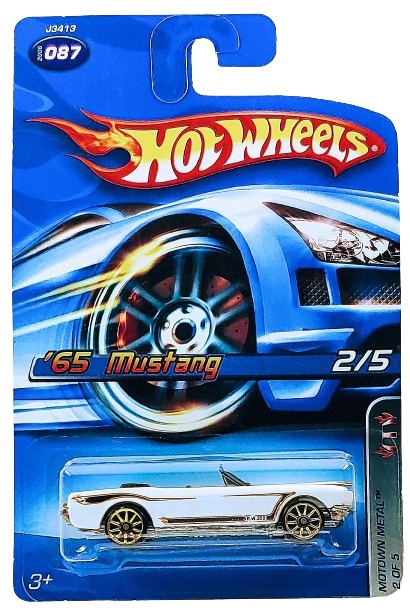 Hot Wheels 2006 - Collector # 087/219 - Motown Metal 2/5 - ‘65 Mustang (Convertible) - White - Gold 10 Spoke Wheels - Opening Hood - USA '06 Card