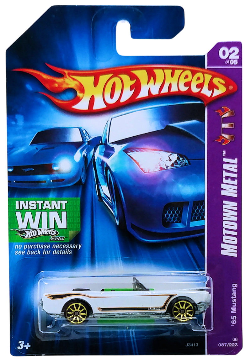 Hot Wheels 2006 - Collector # 087/219 - Motown Metal 2/5 - ‘65 Mustang (Convertible) - White - Gold 10 Spoke Wheels - Opening Hood - USA '07 Instant Win Card
