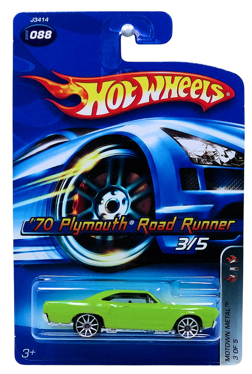Hot Wheels 2006 - Collector # 088/223 - Motown Metal 3/5 - '70 Plymouth Road Runner - Neon Green - 10 Spokes - USA '07 Card