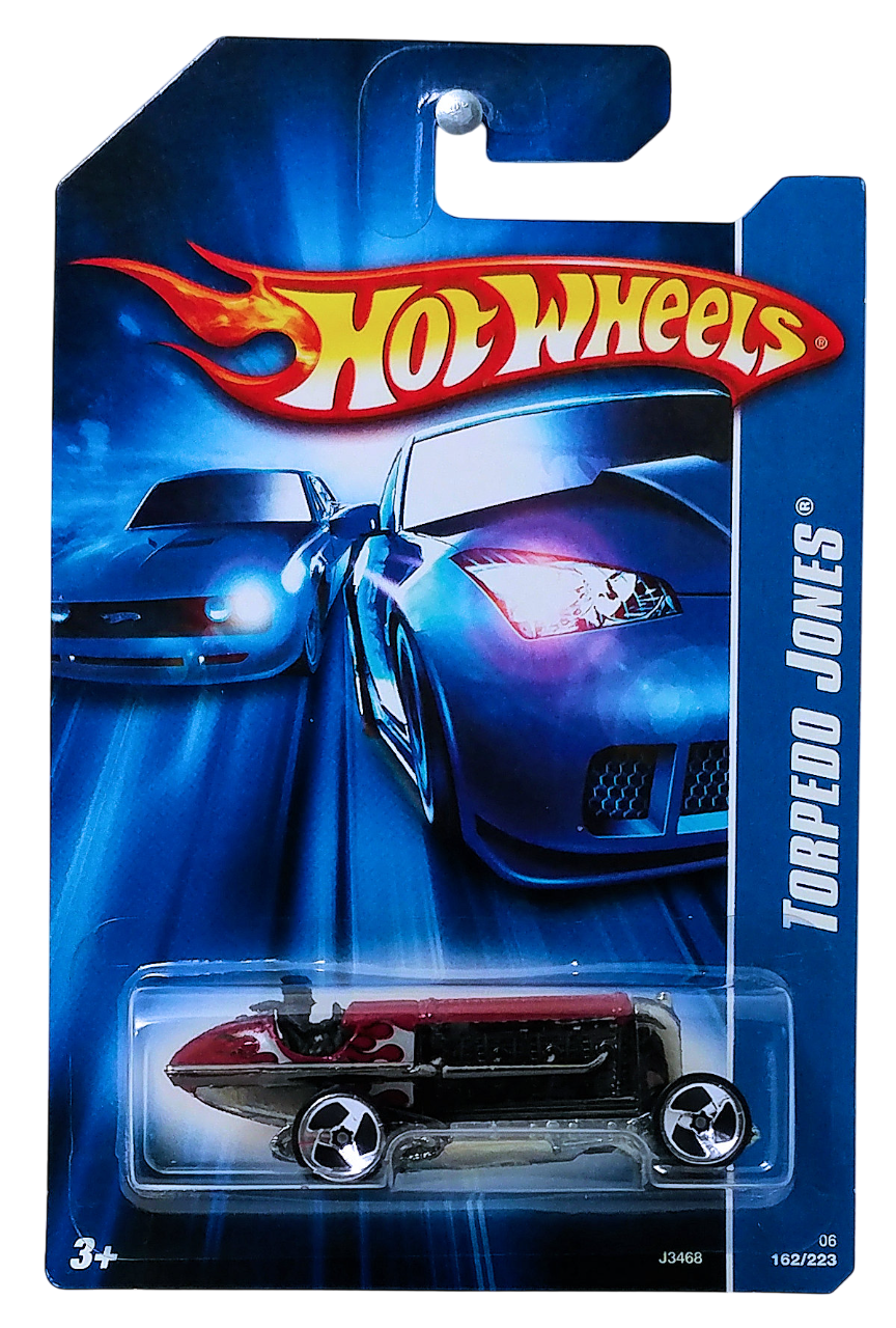 Hot Wheels 2006 - Collector # 162/223 - Torpedo Jones - Dark Red / Black & Silver Flames - 3 Spokes - USA '07 Card