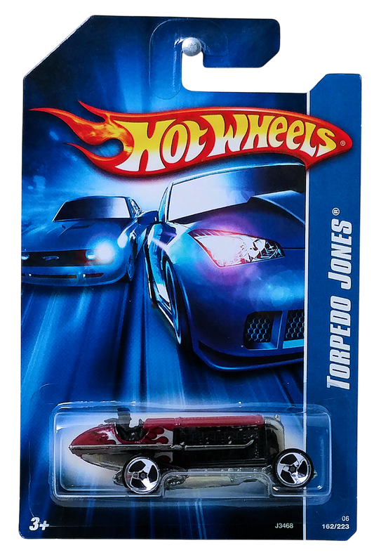Hot Wheels 2006 - Collector # 162/223 - Torpedo Jones - Dark Red / Black & Silver Flames - 3 Spokes - USA '07 Card