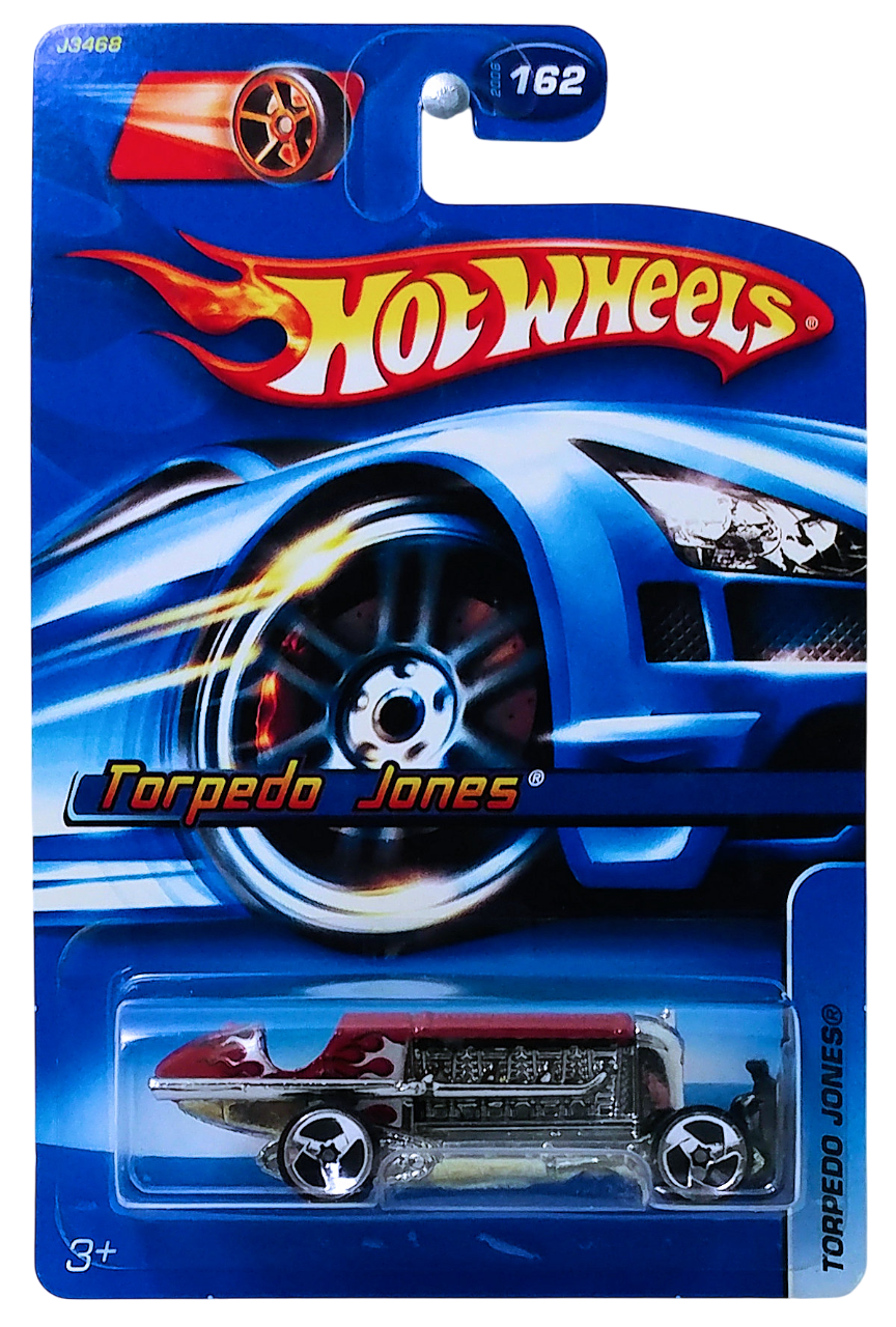 Hot Wheels 2006 - Collector # 162/223 - Torpedo Jones - Dark Red / Black & Silver Flames - 3 Spokes - International Long Card with FTE Logo