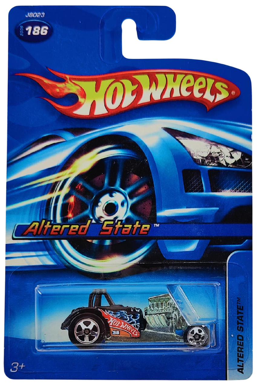 Hot Wheels 2006 - Collector # 186/223 - Altered State - Black / Flames - 5 Spokes - USA Card