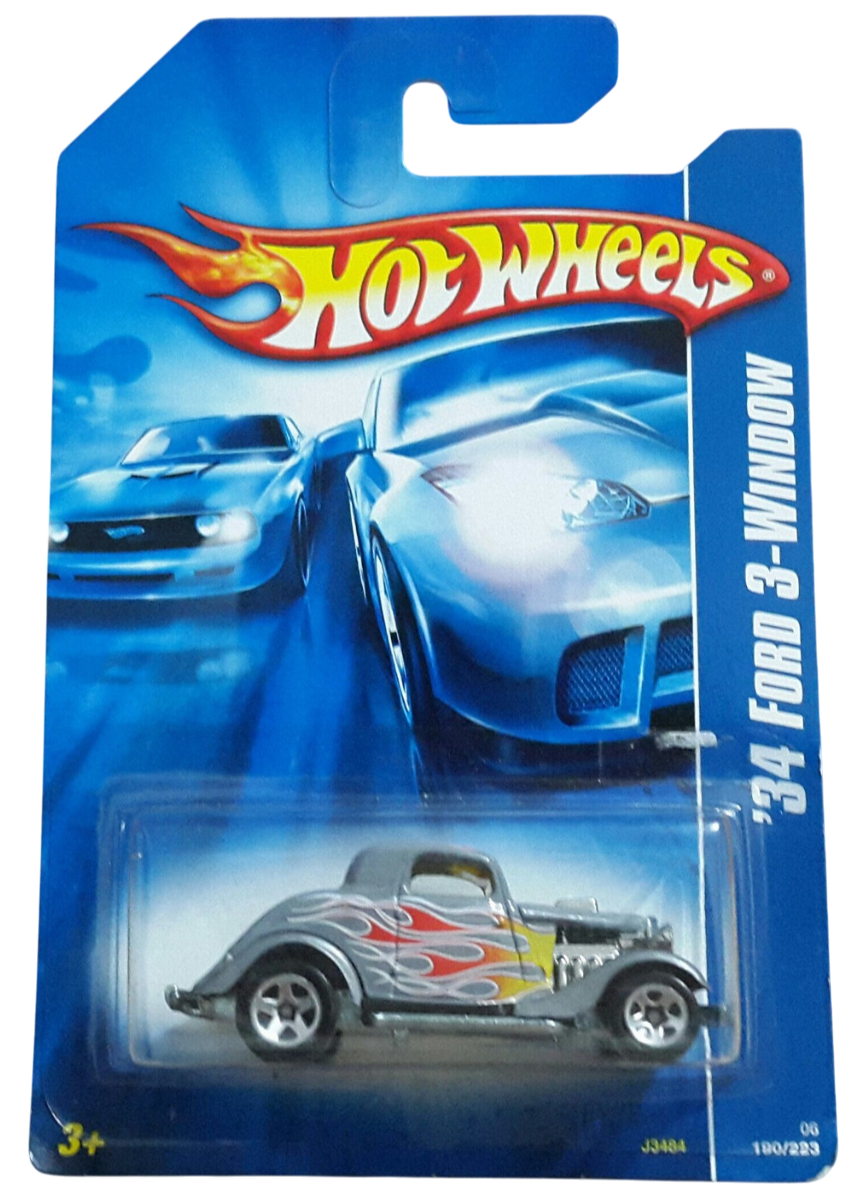 Hot Wheels 2006 - Collector # 190/223 - '34 Ford 3-Window - Gray / Flames - 5 Spokes - USA '07 Card