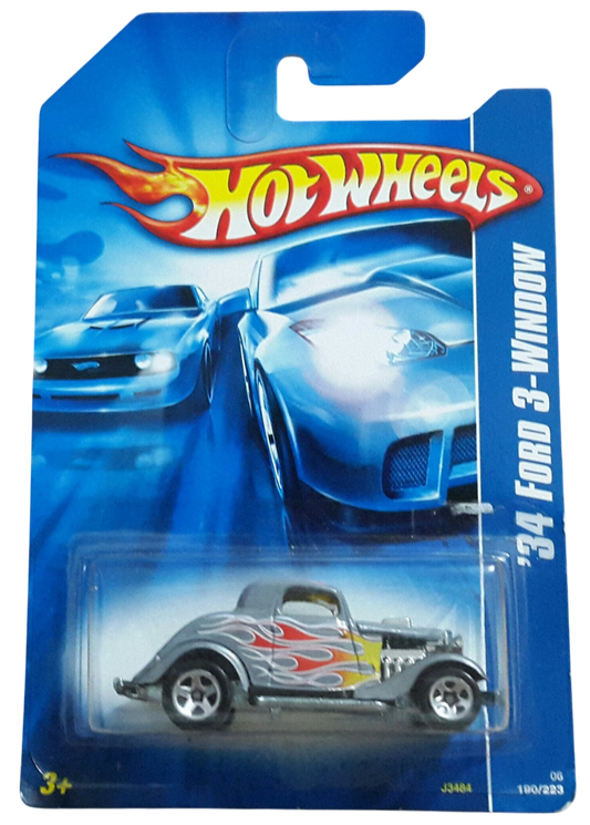 Hot Wheels 2006 - Collector # 190/223 - '34 Ford 3-Window - Gray / Flames - 5 Spokes - USA '07 Card