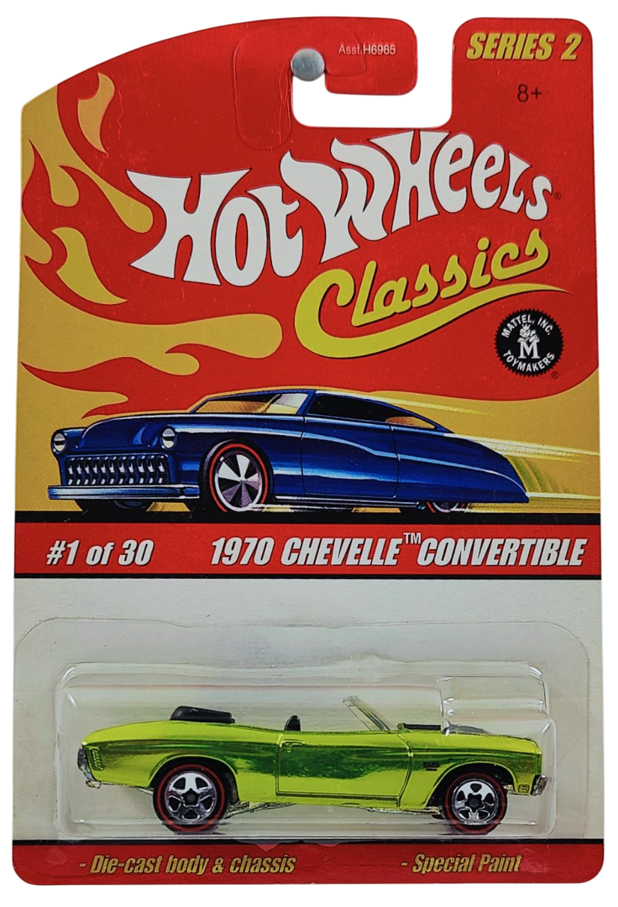 Hot Wheels 2006 - Classics Series 2 # 01/30 - 1970 Chevelle Convertible - Spectraflame Antifreeze / Black Stripes - Metal/Metal - 5 Spokes with Red Lines - Limited Edition