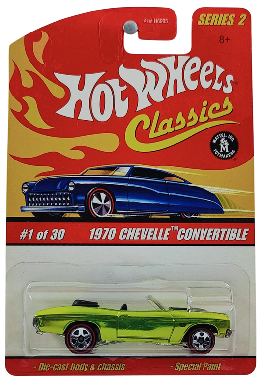 Hot Wheels 2006 - Classics Series 2 # 01/30 - 1970 Chevelle Convertible - Spectraflame Antifreeze / Black Stripes - Metal/Metal - 5 Spokes with Red Lines - Limited Edition