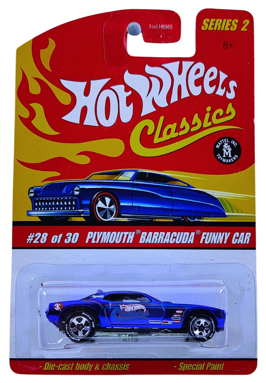 Hot Wheels 2006 - Classics Series 2 # 28/30 - Plymouth Barracuda Funny Car (Snake) - Spectraflame Blue - Metal/Metal - 5 Spokes on BF Goodrich Tires - Body Lifts Up