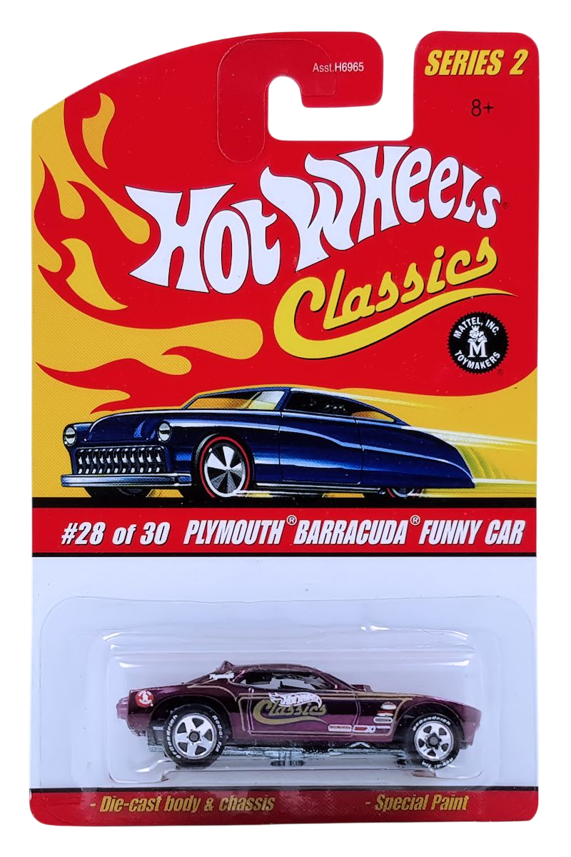 Hot Wheels 2006 - Classics Series 2 # 28/30 - Plymouth Barracuda Funny Car (Snake) - Spectraflame Purple - Metal/Metal - 5 Spokes on BF Goodrich Tires - Body Lifts Up - Limited Edition