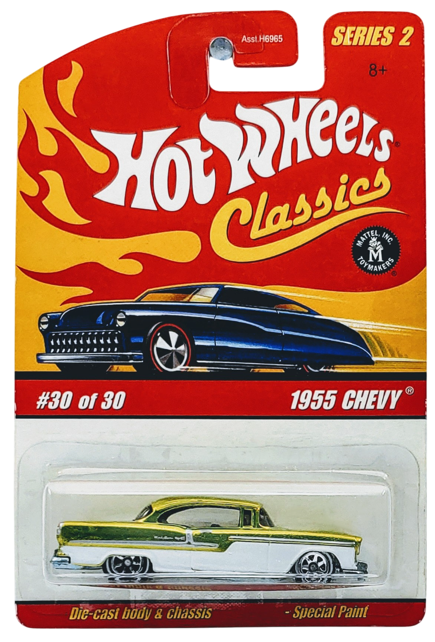 Hot Wheels 2006 - Classics Series 2 # 30/30 - 1955 Chevy - Spectraflame Anti-Freeze over White Enamel - 7 Spokes on White Walls - Metal/Metal - NEW Casting!