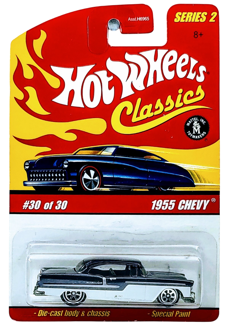 Hot Wheels 2006 - Classics Series 2 # 30/30 - 1955 Chevy - Spectraflame Black over White Enamel - 7 Spokes on White Walls - Metal/Metal - NEW Casting!