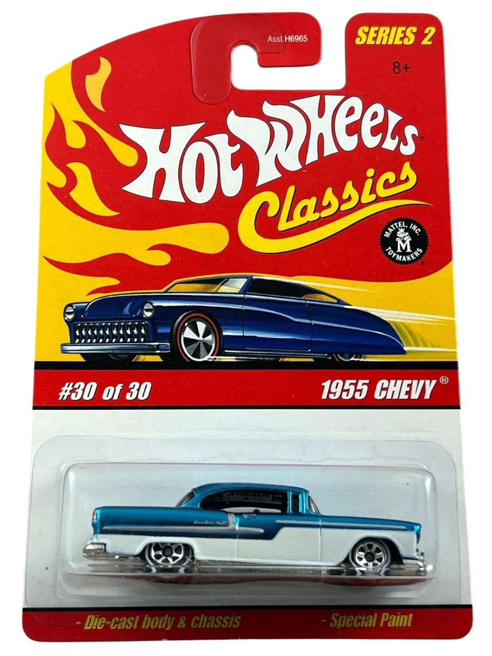 Hot Wheels 2006 - Classics Series 2 # 30/30 - 1955 Chevy - Spectraflame Light Blue over White Enamel - 7 Spokes on White Walls - Metal/Metal - NEW Casting!