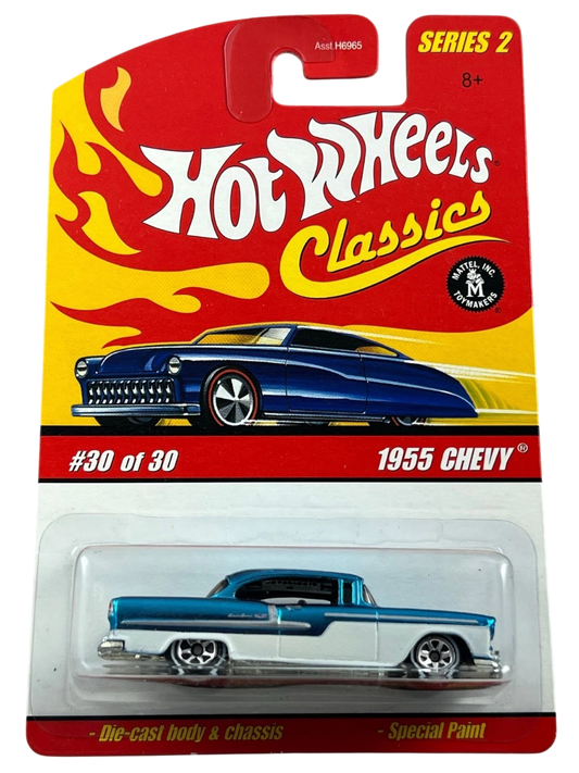 Hot Wheels 2006 - Classics Series 2 # 30/30 - 1955 Chevy - Spectraflame Light Blue over White Enamel - 7 Spokes on White Walls - Metal/Metal - NEW Casting!