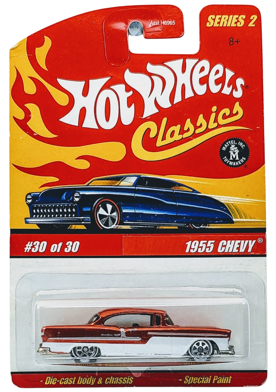 Hot Wheels 2006 - Classics Series 2 # 30/30 - 1955 Chevy - Spectraflame Orange - 7 Spokes with White Walls - Metal/Metal