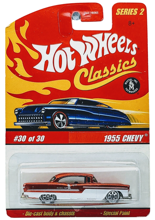 Hot Wheels 2006 - Classics Series 2 # 30/30 - 1955 Chevy - Spectraflame Orange - 7 Spokes with White Walls - Metal/Metal