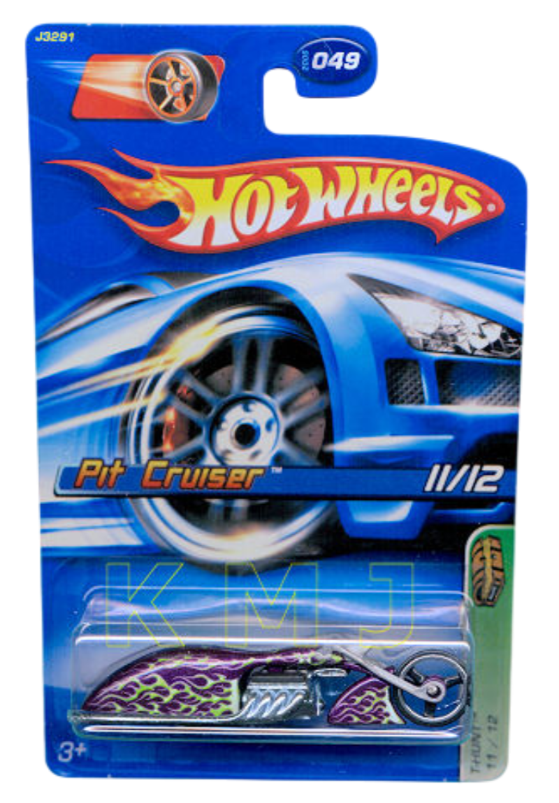 Hot Wheels 2006 - Collector # 049/223 - Treasure Hunts 11/12 - Pit Cruiser (Custom Motorcycle) - Metalflake Purple with Green Flames - International Card