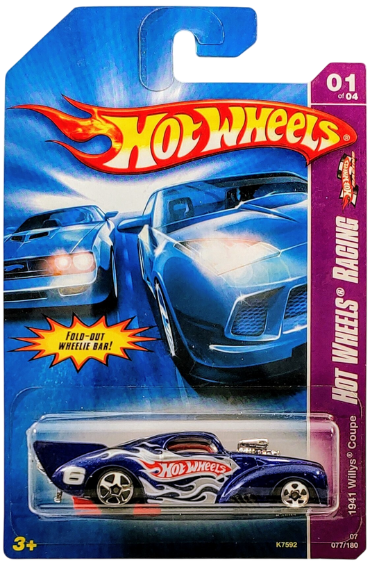 Hot Wheels 2007 - Collector # 077/180 - Hot Wheels Racing Series 1/4 - 1941 Willys Coupe (Pro Mod Drag Car) - Blue Metalflake / #6 - 5 Spokes - USA Card