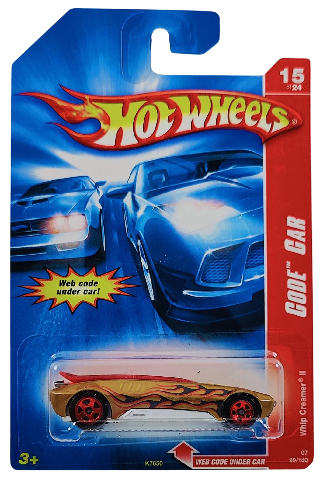 Hot Wheels 2007 - Collector # 099/180 - Code Car 15/24 - Whip Creamer II - Gold / Black Flames - Chrome Red 5 Spoke Wheels - USA Card